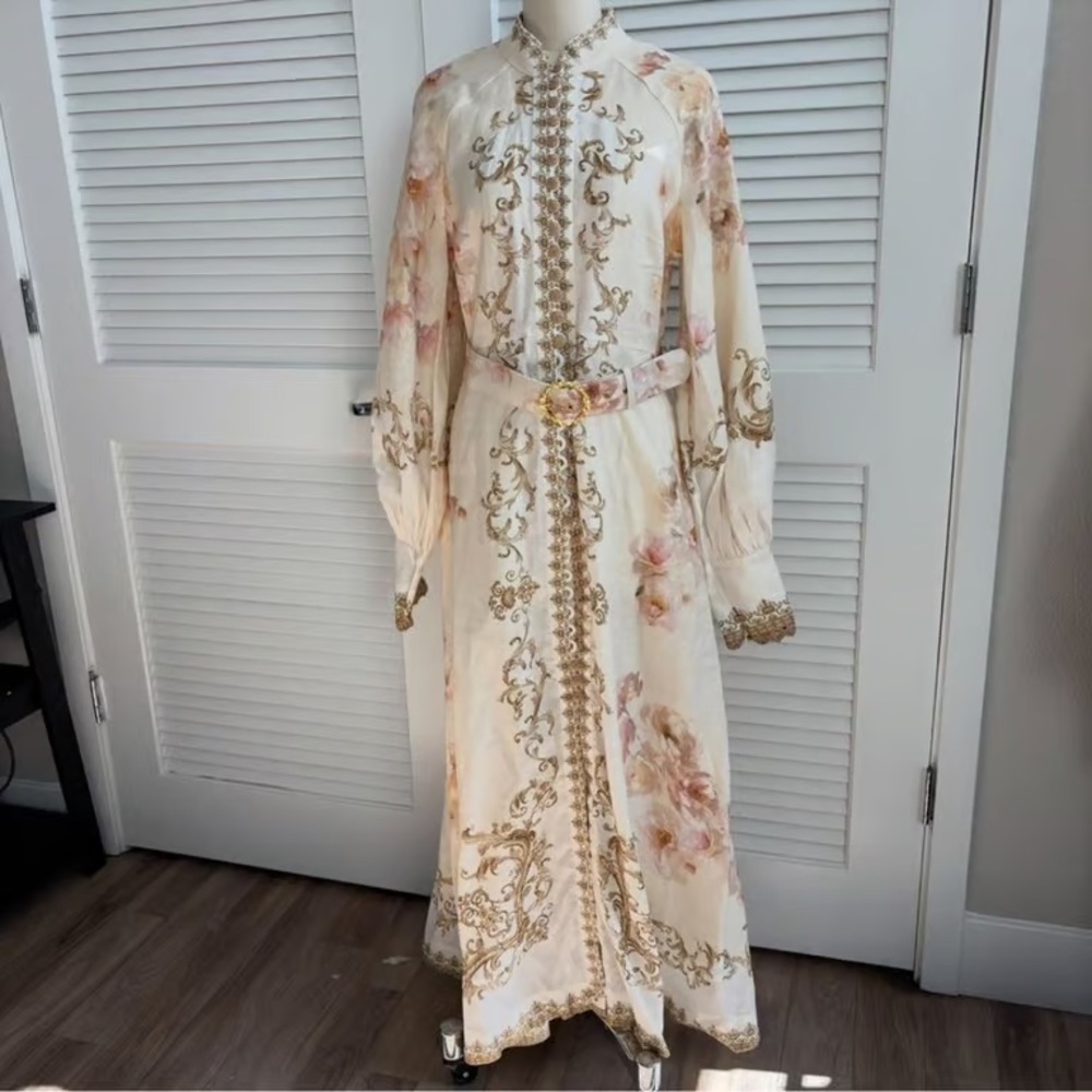 NWOT zimmermann Ivory Floral & Gold Embroidered Maxi Dress with Belt - Picture 4 of 7